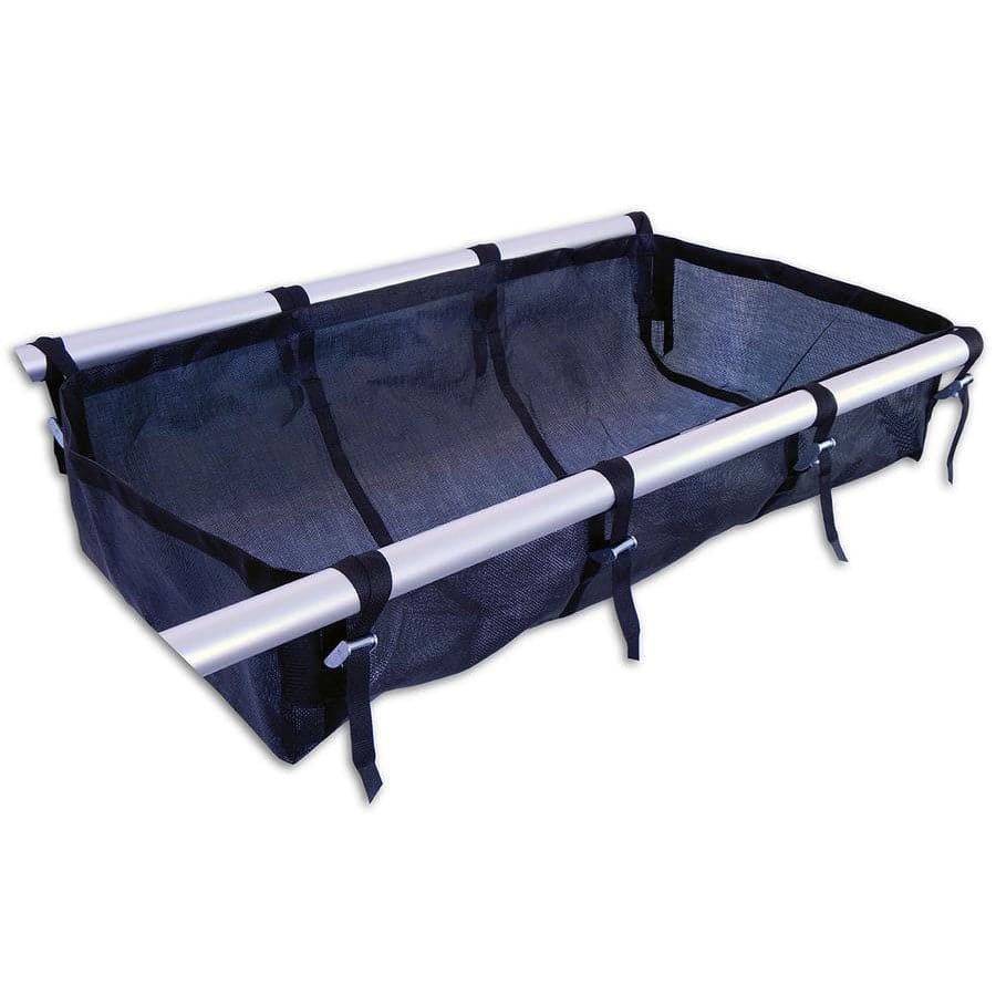 The Down River Equipment Mesh Drop Bags, featuring a black PVC coated mesh cargo net with metal frame and adjustable straps, is perfect for organizing gear on raft frames or integrating with drop bags to secure items against a white background.