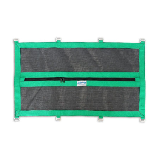 The Drop Bag Lids from Down River Equipment are durable PVC mesh nets in green and black, featuring reinforced poly-webbing. They include clips and a zipper pocket for secure storage and lay flat for easy access.