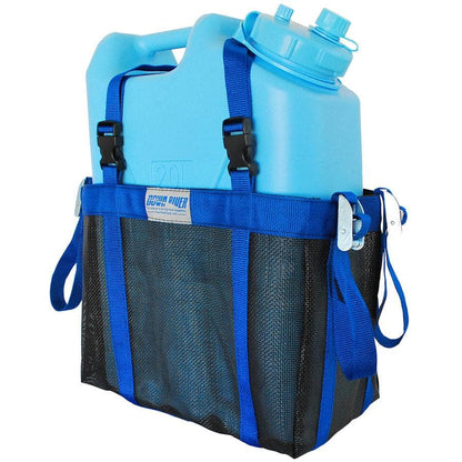 Down River Equipment's Water Jug Harness is a robust blue 20L container secured in a black and blue sling with straps and buckles, designed as the ultimate water jug carrier.