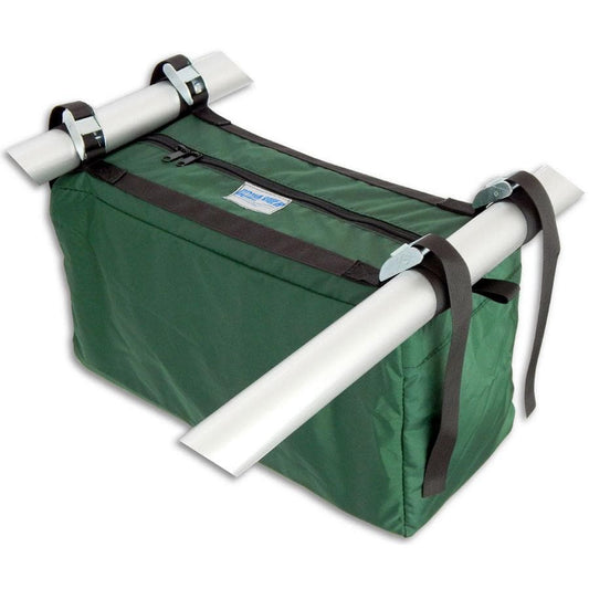 The Captain's Bag by Down River Equipment, made from durable pack cloth, secures to metallic bars using sturdy clamps and straps.