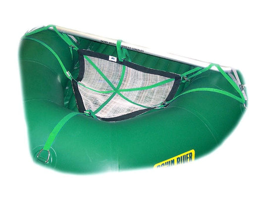 The Cargo Floors by Down River Equipment is a green inflatable fishing raft featuring a PVC-coated mesh storage area in the center and metal frame support, held securely with cam buckle straps.