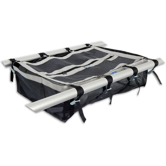 The Down River Equipment Drop Bag Lids are black and gray cargo nets with poly-webbing reinforcements and straps for easy attachment to vehicle roof racks, crafted from heavy-duty PVC mesh for durability and reliability during travel.