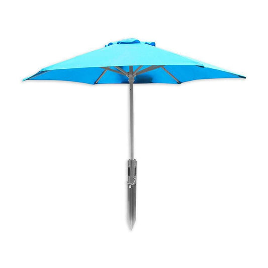 A turquoise patio umbrella with a silver pole and the Down River Equipment's Sand Stake Umbrella Stand Combo elegantly stands against a white background.