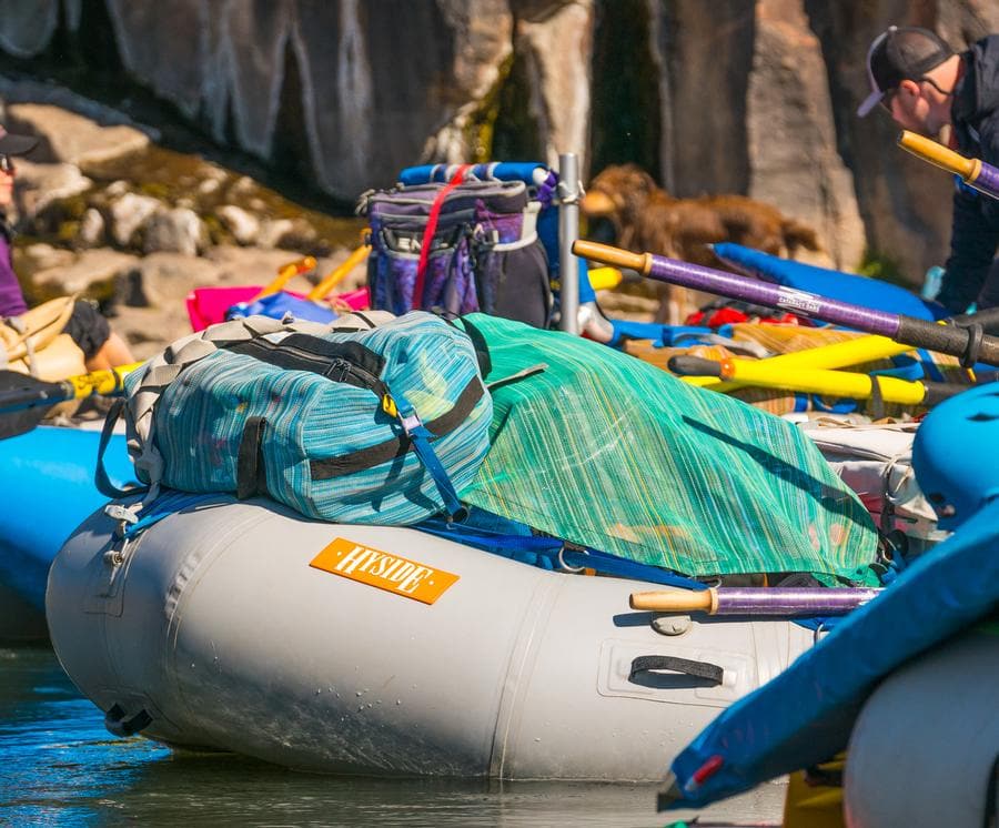 Featuring the King Sling Raft Cargo Net cam strap, gift for rafter, raft rigging manufactured by Down River shown here from a second angle.
