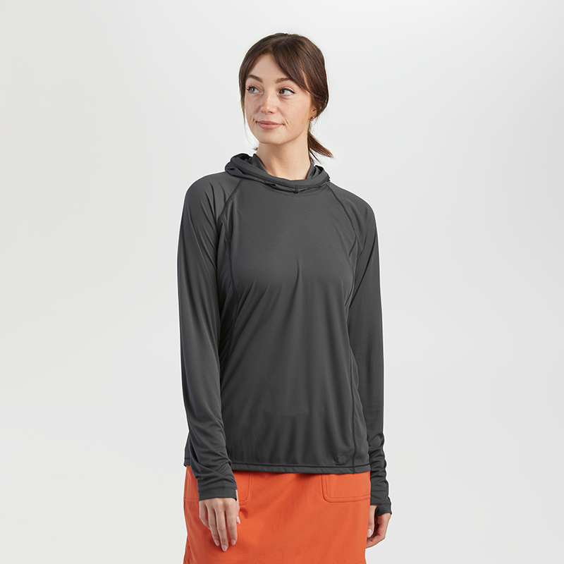 Featuring the Women's Echo Hoody women's sun wear, women's swim wear manufactured by OR shown here from a third angle.