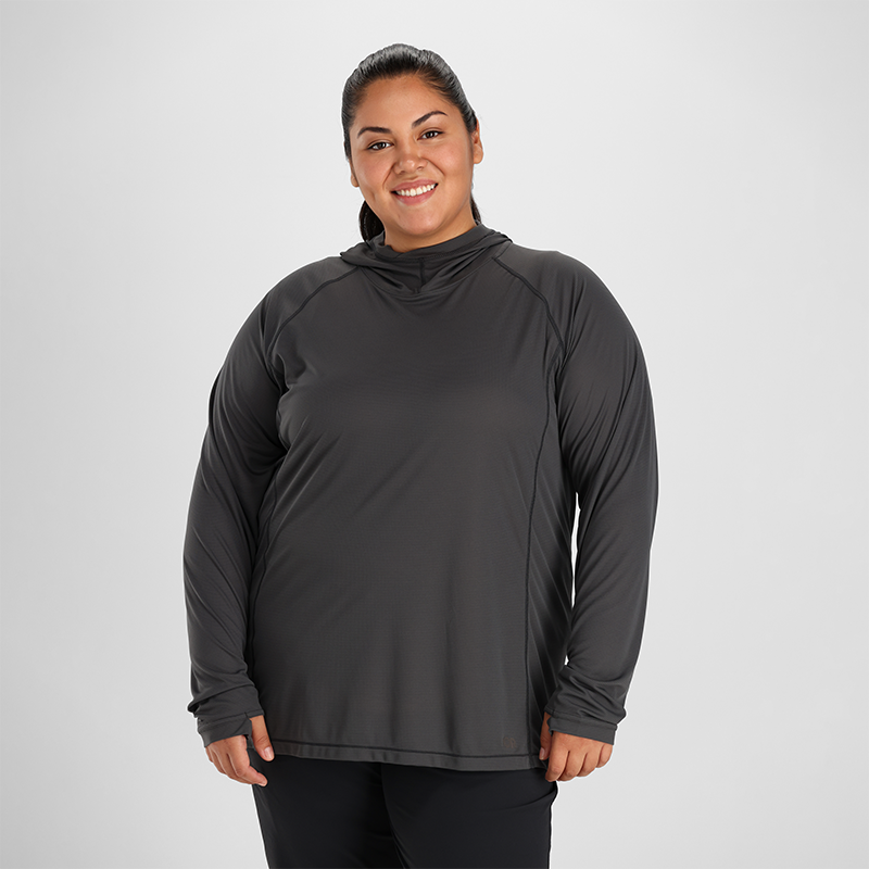 Featuring the Women's Echo Hoody women's sun wear, women's swim wear manufactured by OR shown here from a fourth angle.