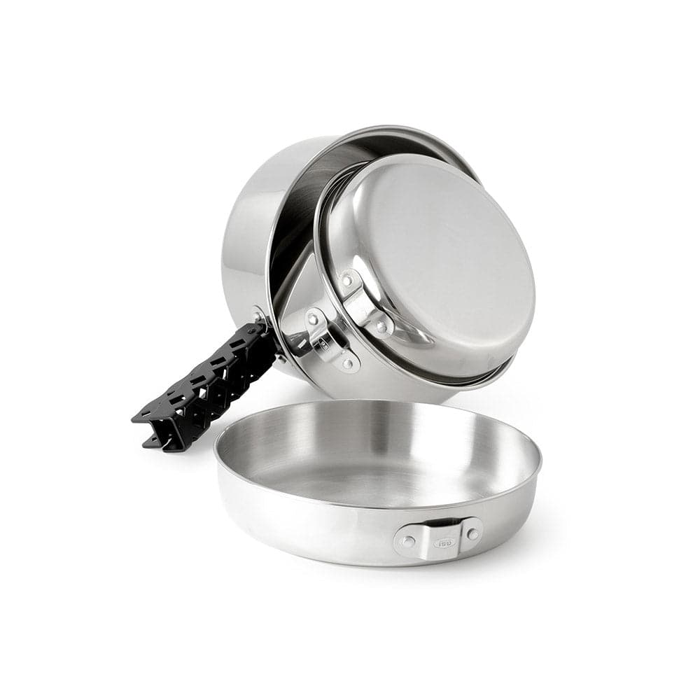 The GSI Outdoors Glacier Stainless Cookset includes a stackable stainless steel pot and pan with a detachable handle for easy storage, shown against a white background.