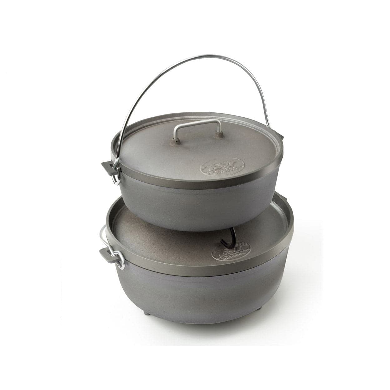 Two stacked gray cast iron Dutch ovens with lids and metal handles, designed by GSI Outdoors, feature a lightweight design similar to the 12-inch Dutch Oven.
