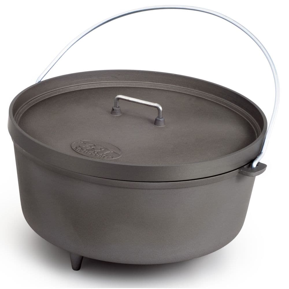A GSI Outdoors Dutch Oven - 12in, featuring a flat lid, side handles, and a metal bail handle.