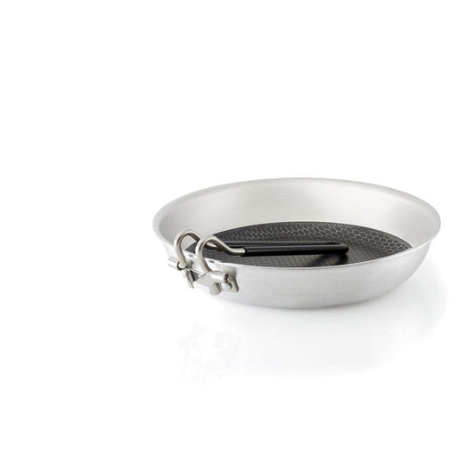 The Gourmet Fry Pan - 8 in. by GSI Outdoors is an 8" stainless steel frying pan with a black, honeycomb-textured nonstick surface and a SureLock handle for secure grip.