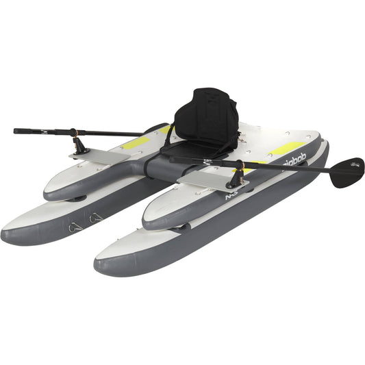 Featuring the GigBob 2.0 cataraft, fishing kayak, inflatable kayak manufactured by NRS shown here from one angle.