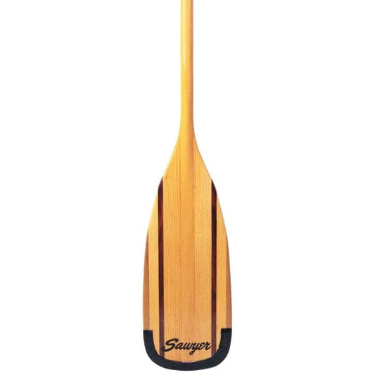 The "Glide" canoe paddle by Sawyer features a flat crowned Douglas Fir blade with dark edges and vertical stripes. The brand name is elegantly etched near the tip, embodying both style and functionality.