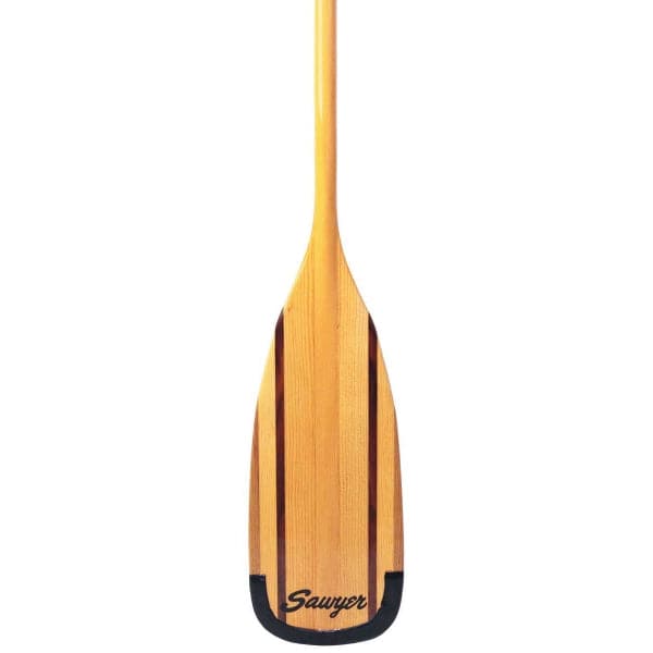 The Glide canoe paddle by Sawyer is a beautifully crafted piece made from Douglas Fir, featuring two dark vertical stripes and a black tip. It showcases the word "Sawyer" near the base of the flat-crowned blade, embodying quality and durability.