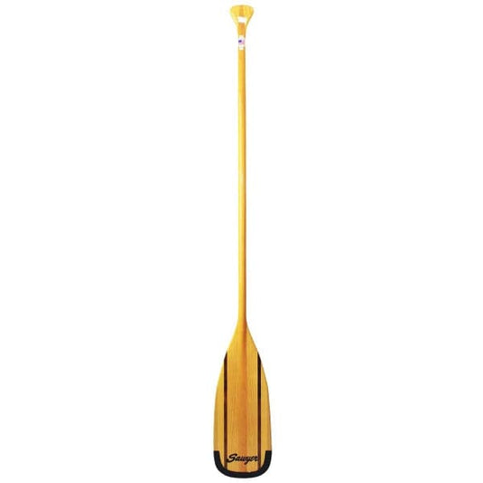 The Glide canoe paddle by Sawyer features a long handle and a flat crowned blade with a striking Douglas Fir strip at its center.