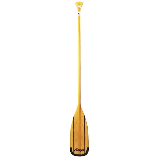 The Glide canoe paddle by Sawyer features a long handle and a flat crowned blade with a striking Douglas Fir strip at its center.