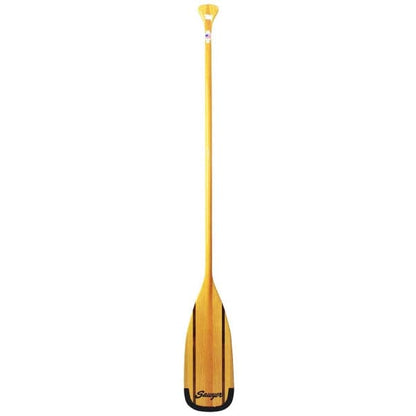 The Glide canoe paddle by Sawyer features a long handle and a flat crowned blade with a striking Douglas Fir strip at its center.