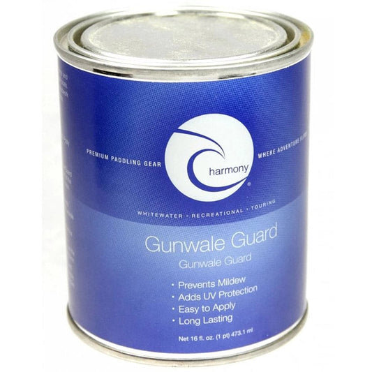 Harmony Gear's Gunwale Guard Natural, 16 fl oz can, offers UV damage protection and mildew prevention. The blue and white design emphasizes its effectiveness in protecting natural gunwales, featuring detailed product information.