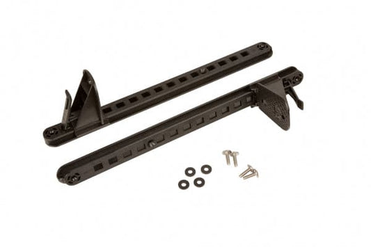 Two black adjustable shelf brackets from the Harmony Gear Keepers Footbrace Kit, featuring wall mounting slots, come with screws and washers, set against a white background.