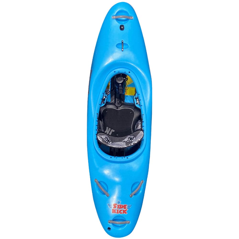 Featuring the Side Kick kids kayak manufactured by Jackson Kayak shown here from one angle.
