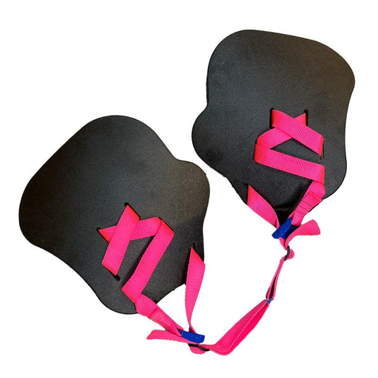 The Coyote River Gear Hand Paddles have a sleek black design with pink straps, connected by a vibrant pink and blue cord for better paddle control during swim training.