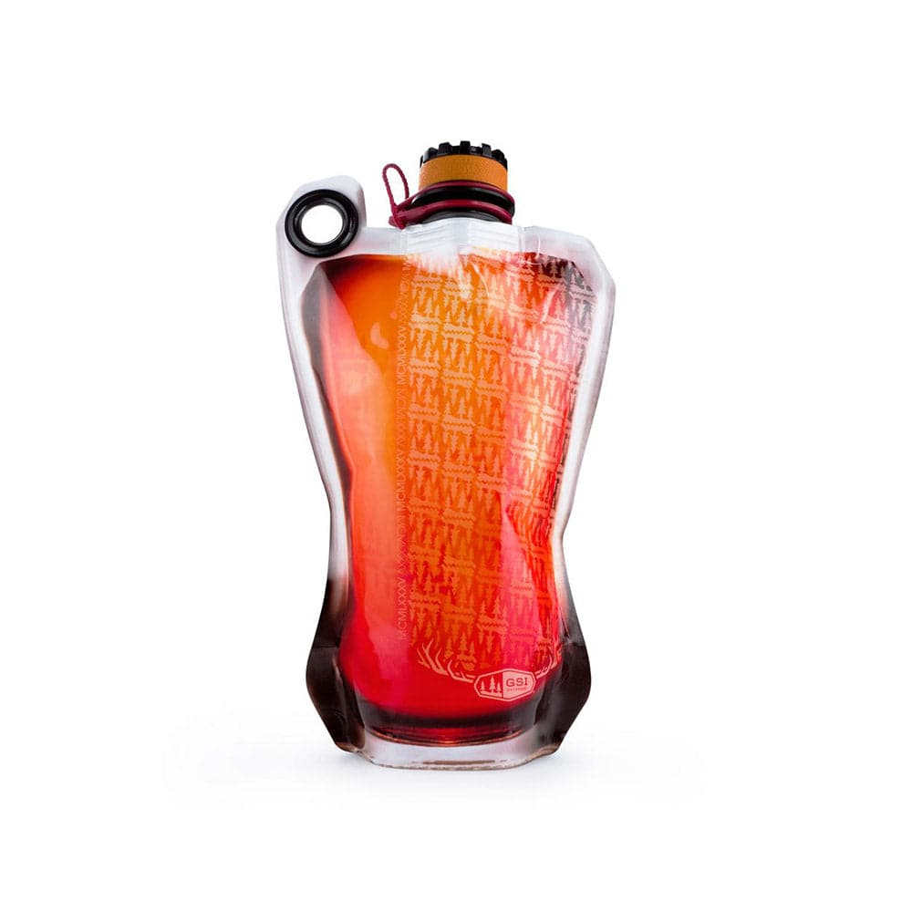 The GSI Outdoors Soft Flask 750ml is a collapsible, BPA-free water bottle with red liquid and a black cap, offering a lightweight and flexible design perfect for on-the-go hydration.