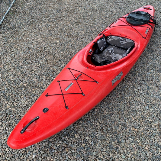 Featuring the Used Karma Traverse 10 used whitewater kayak manufactured by Jackson Kayak shown here from one angle.