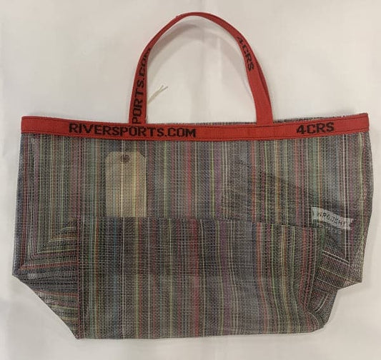 A spacious, multicolored mesh Drybox Organizer by Coyote River Gear with red handles and trim, labeled "RIVERSPORTS.COM 4CRS," ideal for storing gear, displayed on a white surface.