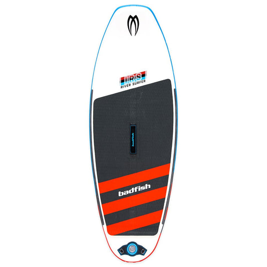 Featuring the IRS Inflatable River Surf Paddle Board whitewater sup manufactured by Badfish shown here from one angle.