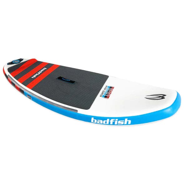 Featuring the IRS Wiki river surfing, whitewater sup manufactured by Badfish shown here from a fourth angle.