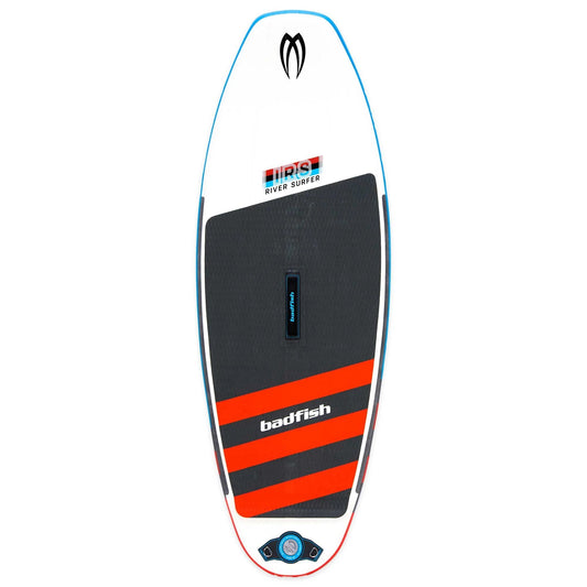 Featuring the IRS Wiki river surfing, whitewater sup manufactured by Badfish shown here from one angle.