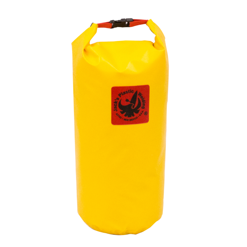 The Outfitter Stow by Jacks Plastic Welding is a yellow dry bag with welded PVC construction, featuring a red and black logo. It has a roll-down top secured with a black buckle for a dependable watertight seal.