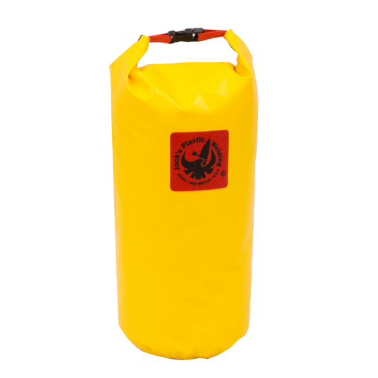 The Outfitter Stow by Jacks Plastic Welding is a yellow dry bag with welded PVC construction, featuring a red and black logo. It has a roll-down top secured with a black buckle for a dependable watertight seal.