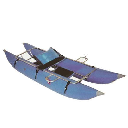 The Cutthroat by Jacks Plastic Welding is a blue inflatable pontoon boat with a metal frame and seating, offering the versatility of rowing catarafts for stable and maneuverable water trips.