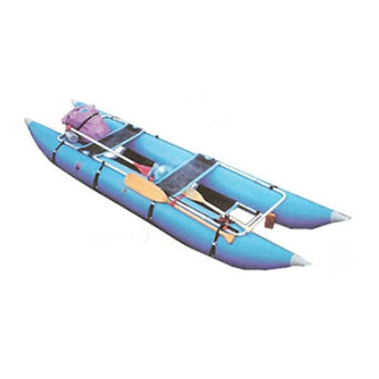 The Jacks Plastic Welding Cutthroat 2 is a blue inflatable catamaran with robust PVC construction, two seats, a metal frame, and oars—ideal for fishing adventures.