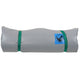 The Guide Paco Pad by Jacks Plastic Welding is a rolled-up gray PVC sleeping mat, waterproof with green straps, and displays a recycling symbol on the side.