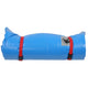 A Jacks Plastic Welding Guide Paco Pad, blue and made of waterproof PVC, is rolled up and secured with two red straps and black buckles.