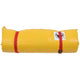 A rolled yellow Guide Paco Pad by Jacks Plastic Welding, with a logo and high-density foam for comfort. Secured by two red straps with black clips, it ensures sturdy support for your adventures.