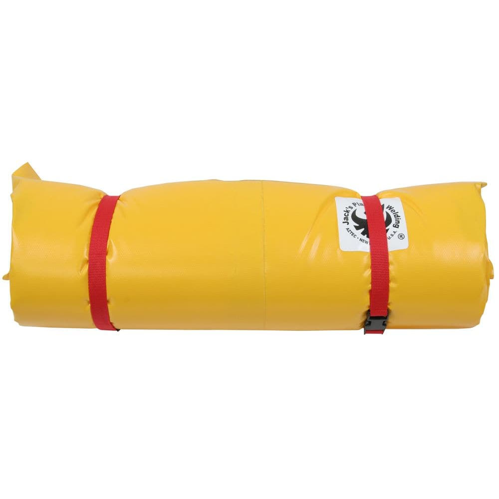 A rolled yellow Guide Paco Pad by Jacks Plastic Welding, with a logo and high-density foam for comfort. Secured by two red straps with black clips, it ensures sturdy support for your adventures.