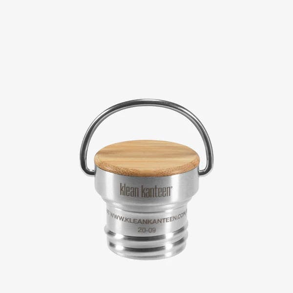 Featuring the Bamboo Cap camp, dishes, gifts under $25, hydration, replacement lid, sustainable manufactured by Klean Kanteen shown here from one angle.