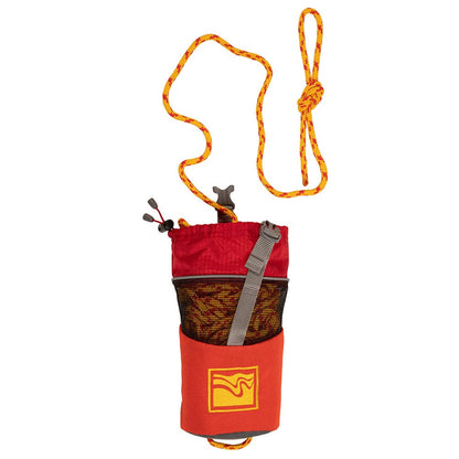 The Kokatat Huck Spectra Throw Bag 70' features red and orange colors, a mesh front pocket, adjustable drawstring closure, yellow-orange rope strap, and foam flotation panels.