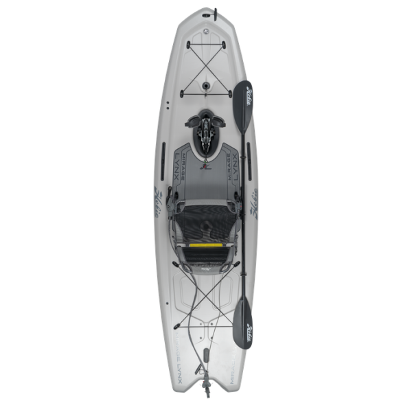 Featuring the Lynx 11 fishing kayak, pedal drive kayak manufactured by Hobie shown here from one angle.