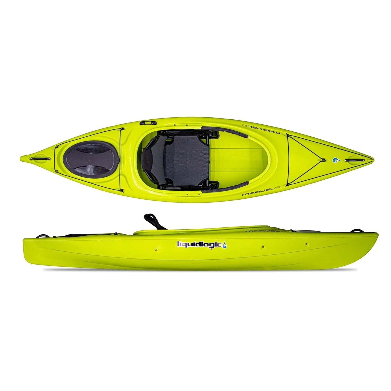 Featuring the Marvel 10' and 12' sit-inside rec / touring kayak manufactured by LiquidLogic shown here from a third angle.