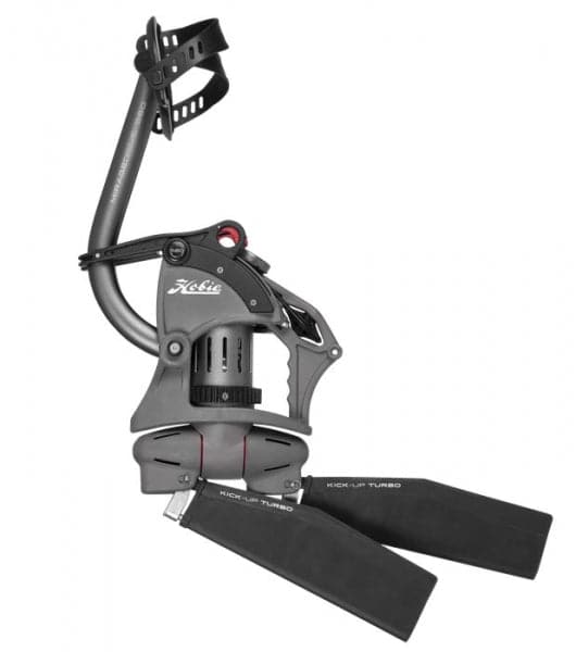 A black and silver Hobie Pro Angler 360 XR - 14ft with a handle attached to it, featuring Turbo Kick-Up Fins for added agility.