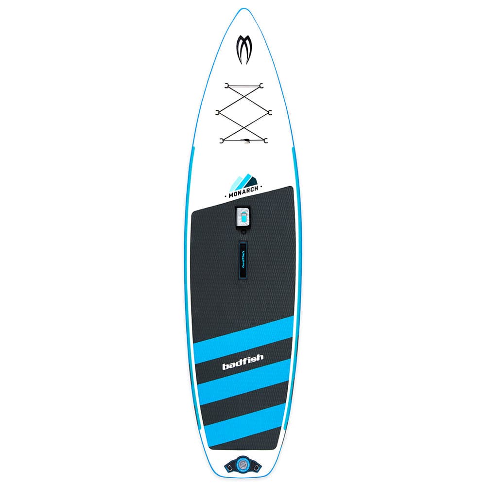 Featuring the Monarch Package inflatable sup manufactured by Badfish shown here from one angle.