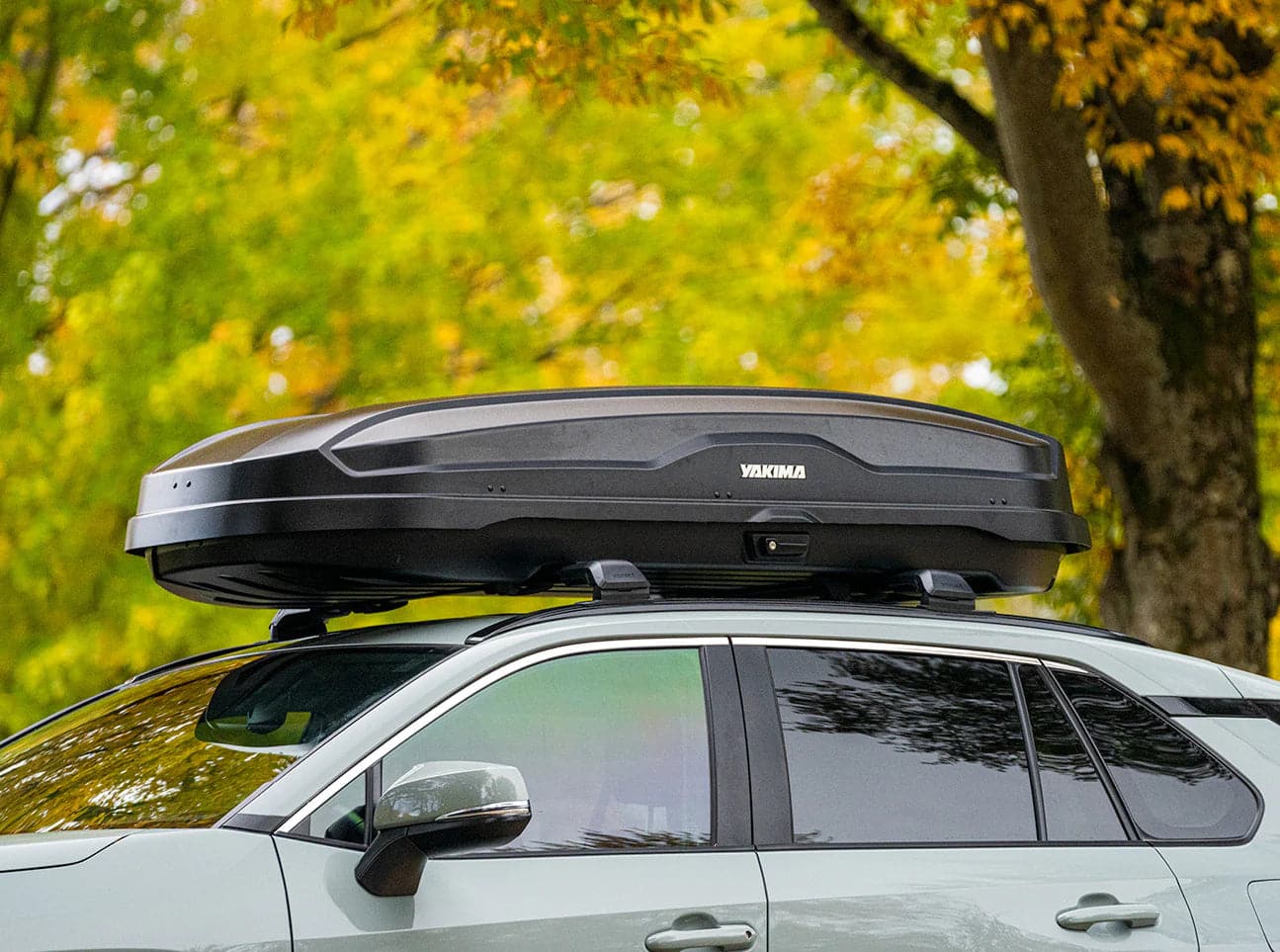 A silver SUV with a Yakima Skybox NX XL on the roof is parked beneath trees with green and yellow leaves.