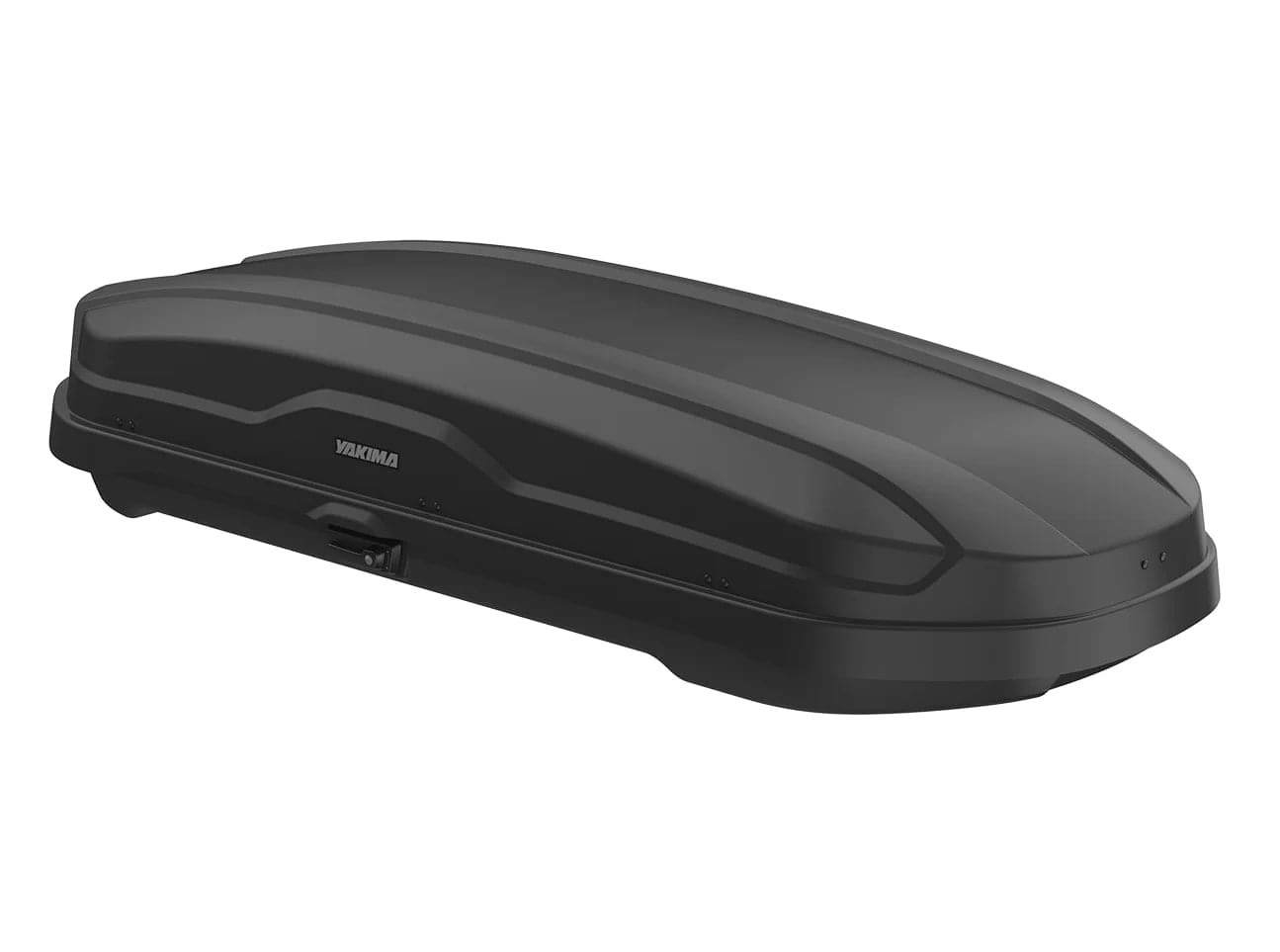 Sleek, black rooftop cargo box with a nano-texture design, featuring a central lock and the Yakima Skybox NX XL logo on the side.