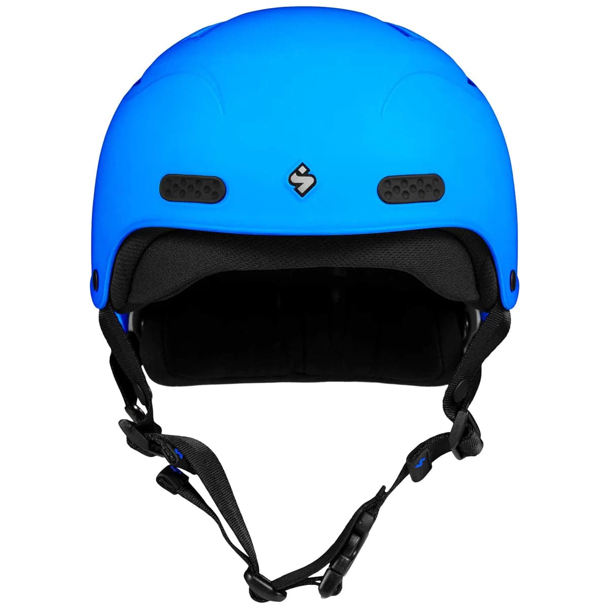 The Sweet Protection Wanderer II Helmet comes in blue with black interior padding, features an adjustable chin strap, impact-resistant shell, and innovative Occigrip system for a secure front view fit.