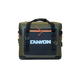 This durable olive-green and black soft cooler from Canyon Coolers' Nomad Series features a waterproof orange zipper, branded "CANYON" logo, multiple straps, a bottle opener attachment, and impressive ice retention for your adventures.