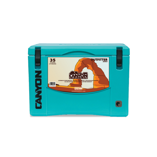 Featuring the Outfitter Series Coolers cooler, update mayan blue manufactured by Canyon shown here from a fourth angle.