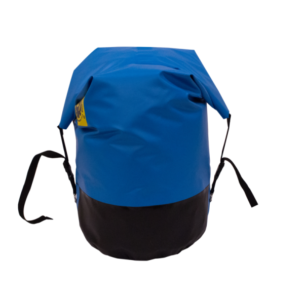The Jacks Plastic Welding Outfitter Dry Bag is a blue and black rugged dry bag made with welded 18oz PVC; it features a roll-top closure and side straps, displayed on a plain white background.